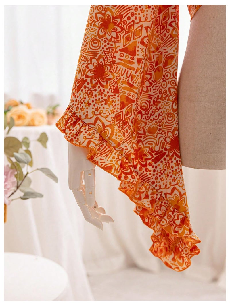 BEAUDRM Women's Boho Tops Wrap Western Country Concert 70s Outfits Tie Front Long Bell Sleeve Tops Hippie Disco Clothes Orange Large - Image 5