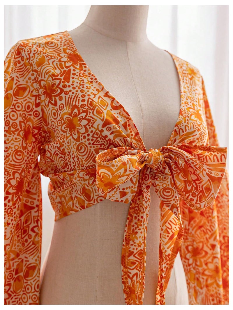 BEAUDRM Women's Boho Tops Wrap Western Country Concert 70s Outfits Tie Front Long Bell Sleeve Tops Hippie Disco Clothes Orange Large - Image 2