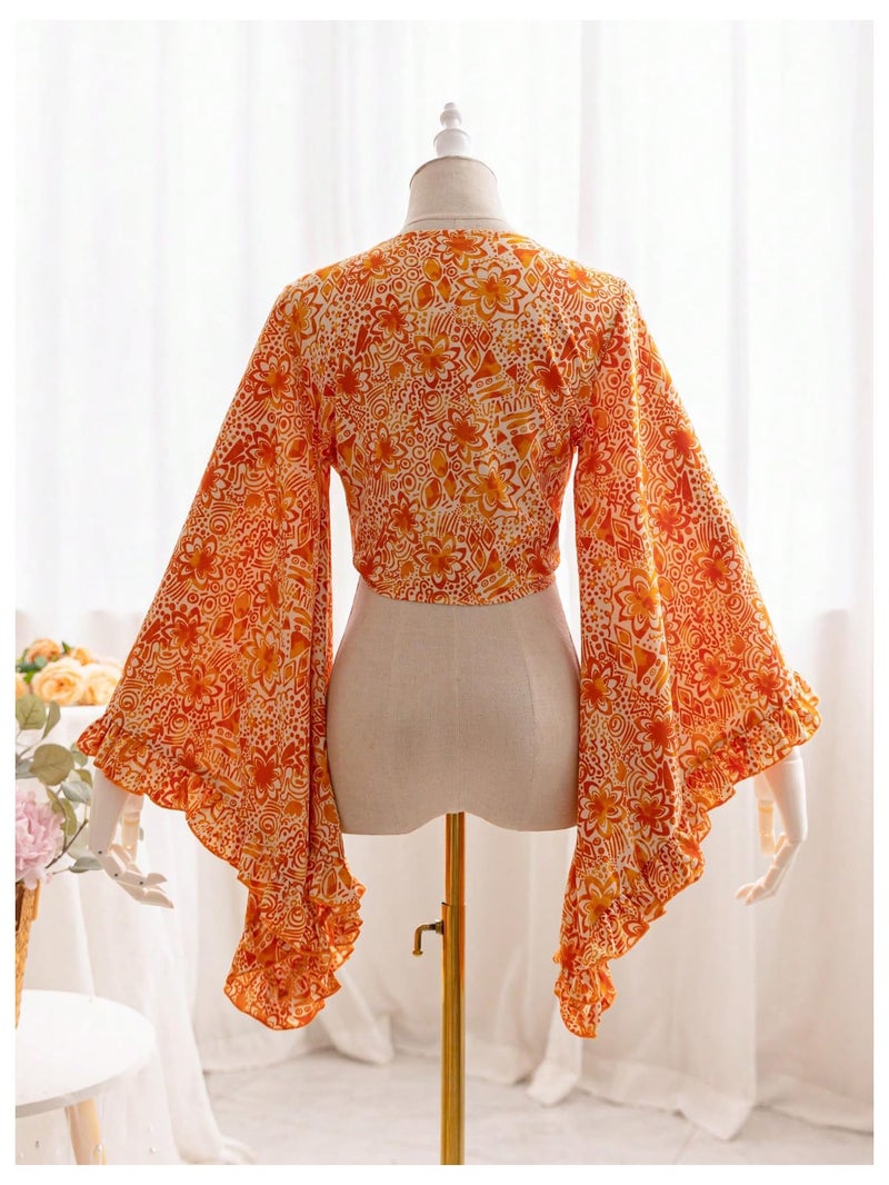 BEAUDRM Women's Boho Tops Wrap Western Country Concert 70s Outfits Tie Front Long Bell Sleeve Tops Hippie Disco Clothes Orange Large - Image 3