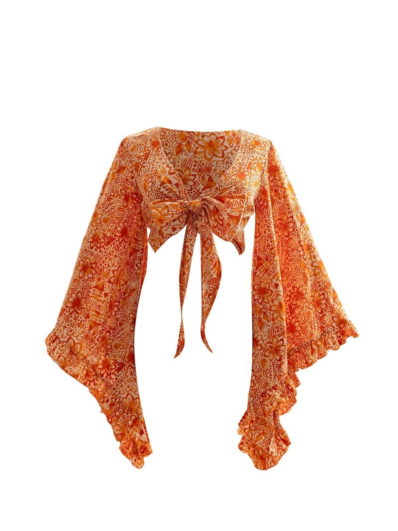BEAUDRM Women's Boho Tops Wrap Western Country Concert 70s Outfits Tie Front Long Bell Sleeve Tops Hippie Disco Clothes Orange Large - Image 1