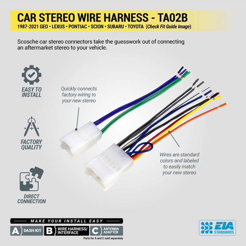 Scosche TA02B Stereo Wiring Harness Compatible with Select 1986-20 Toyota, Lexus, Scion and Subaru Vehicles - Aftermarket Radio Wire Harness for Car Stereo . Check Vehicle List Below for Your Model - Image 5