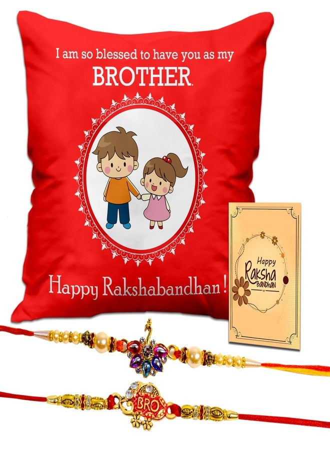 Avirons Rakhi Combo Set with Printed Cushion with Cover, Two Designer Rakhi for Brother/Bhai & Rakhi Wishing Card | Raksha Bandhan Gift for Bhaiya - Pack of 3 - Image 1