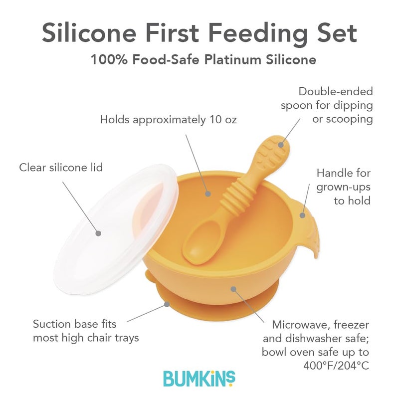Bumkins Baby Bowl, Silicone Feeding Set with Suction for Baby and Toddler, Includes Spoon and Lid, First Feeding Set, Training Essentials for Baby Led Weaning for Babies 4 Months Up, Tangerine - Image 5