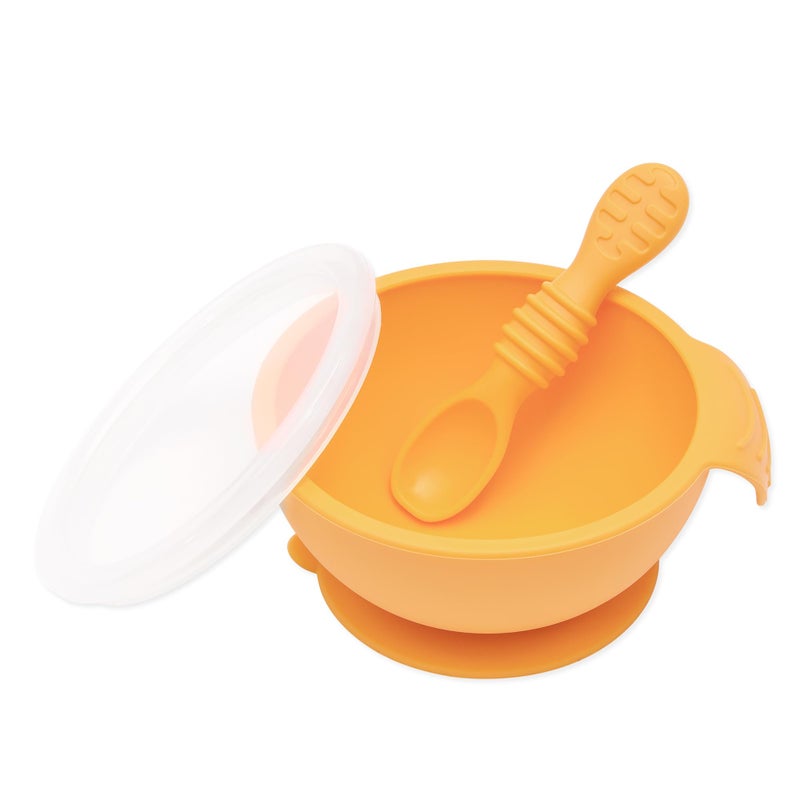 Bumkins Baby Bowl, Silicone Feeding Set with Suction for Baby and Toddler, Includes Spoon and Lid, First Feeding Set, Training Essentials for Baby Led Weaning for Babies 4 Months Up, Tangerine - Image 1