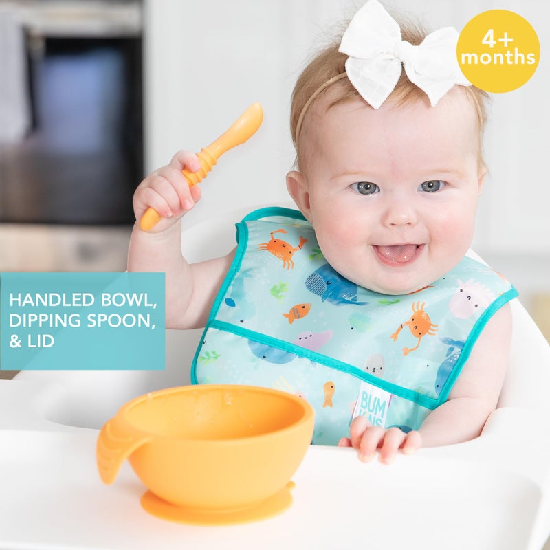 Bumkins Baby Bowl, Silicone Feeding Set with Suction for Baby and Toddler, Includes Spoon and Lid, First Feeding Set, Training Essentials for Baby Led Weaning for Babies 4 Months Up, Tangerine - Image 2