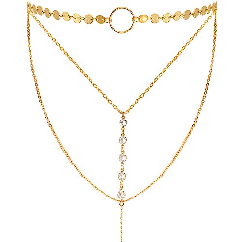 Suyi Stylish Layered Sequins Choker Necklace with Thin Long Chain Pendant for Women Lady Crystal Gold - Image 1