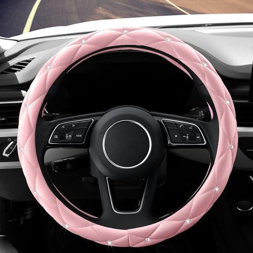 YOGURTCK Cute Diamond Soft Light Pink Leather Anti-Slip Steering Wheel Cover with Bling Bling Crystal Rhinestones, Universal 15 Inch for Women Girls, Fit Vehicles, Sedans, SUVs, Vans, Trucks - Image 2