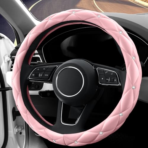 YOGURTCK Cute Diamond Soft Light Pink Leather Anti-Slip Steering Wheel Cover with Bling Bling Crystal Rhinestones, Universal 15 Inch for Women Girls, Fit Vehicles, Sedans, SUVs, Vans, Trucks - Image 3