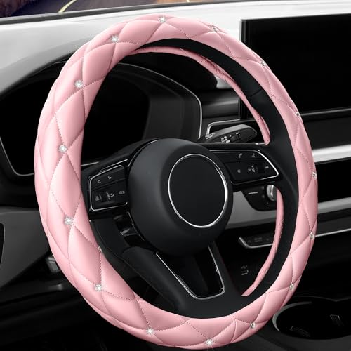 YOGURTCK Cute Diamond Soft Light Pink Leather Anti-Slip Steering Wheel Cover with Bling Bling Crystal Rhinestones, Universal 15 Inch for Women Girls, Fit Vehicles, Sedans, SUVs, Vans, Trucks - Image 1