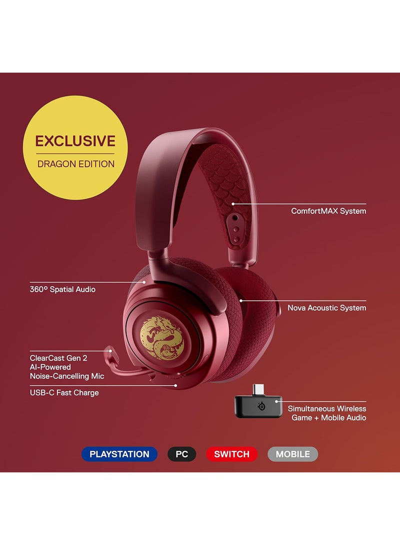 steelseries Arctis Nova 7 Dragon Edition Gaming Headset - 40mm Neodymium Drivers, 38 Hours Battery Life, 2.4GHz Quantum 2.0 Wireless + Bluetooth, 360° Spatial Audio, ClearCast Gen 2 Noise Cancelling Mic, ChatMix Dial (PC), USB-C Fast Charging, Retractable Boom Mic, Multi-Platform Compatibility (PC, PS5, PS4, Switch, Steam Deck, Mobile, Oculus Quest 2) | 61557 - Image 2