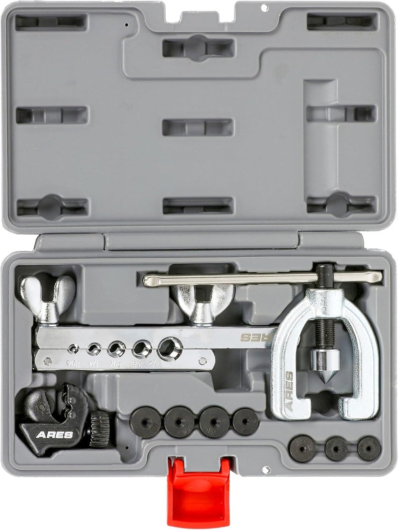ARES 18019 - Double Flaring Tool Set with Extra Adapters- Use on Copper, Aluminum, Soft Steel Brake Line and Brass Tubing - Includes Mini Tubing Cutter and Storage Case - Image 1