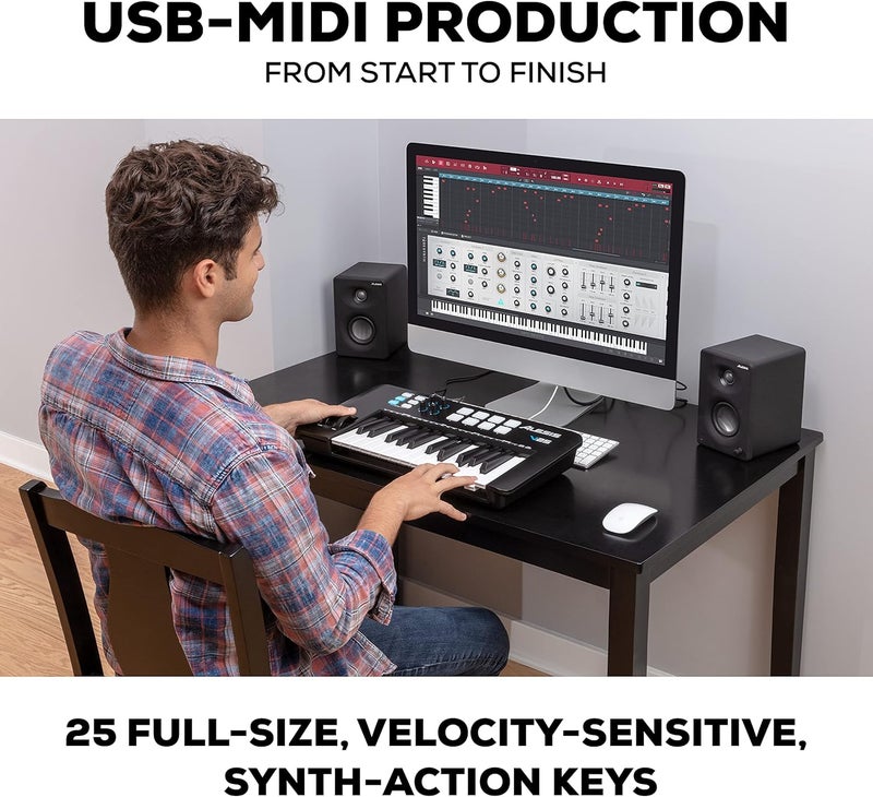 أليسيس V25 MKII – وحدة تحكم لوحة مفاتيح MIDI عبر USB مع 25 مفتاحًا حساسًا للسرعة، و8 وسادات كاملة المستوى، ومُولّد الأربيجيو، وعجلة التحكم في الطبقة/التعديل، وتكرار النغمات، وحزمة البرامج - Image 2