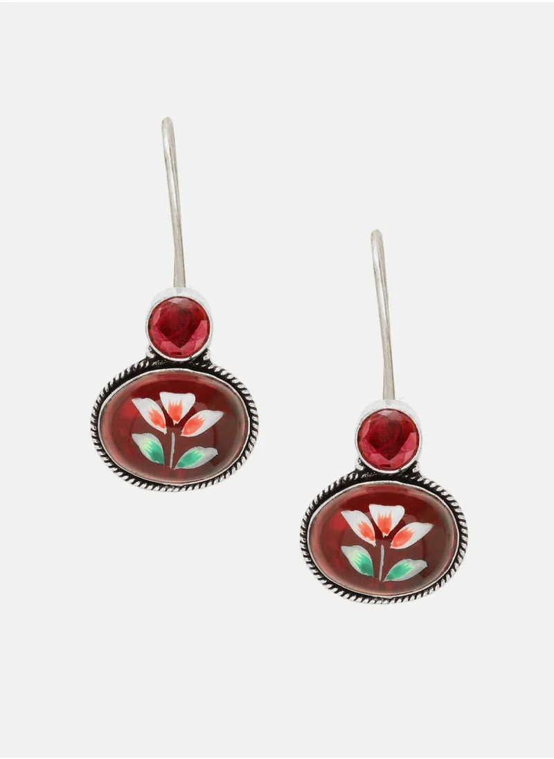 برياسي Plated Ruby Studded Floral Oxidised Drop Earrings