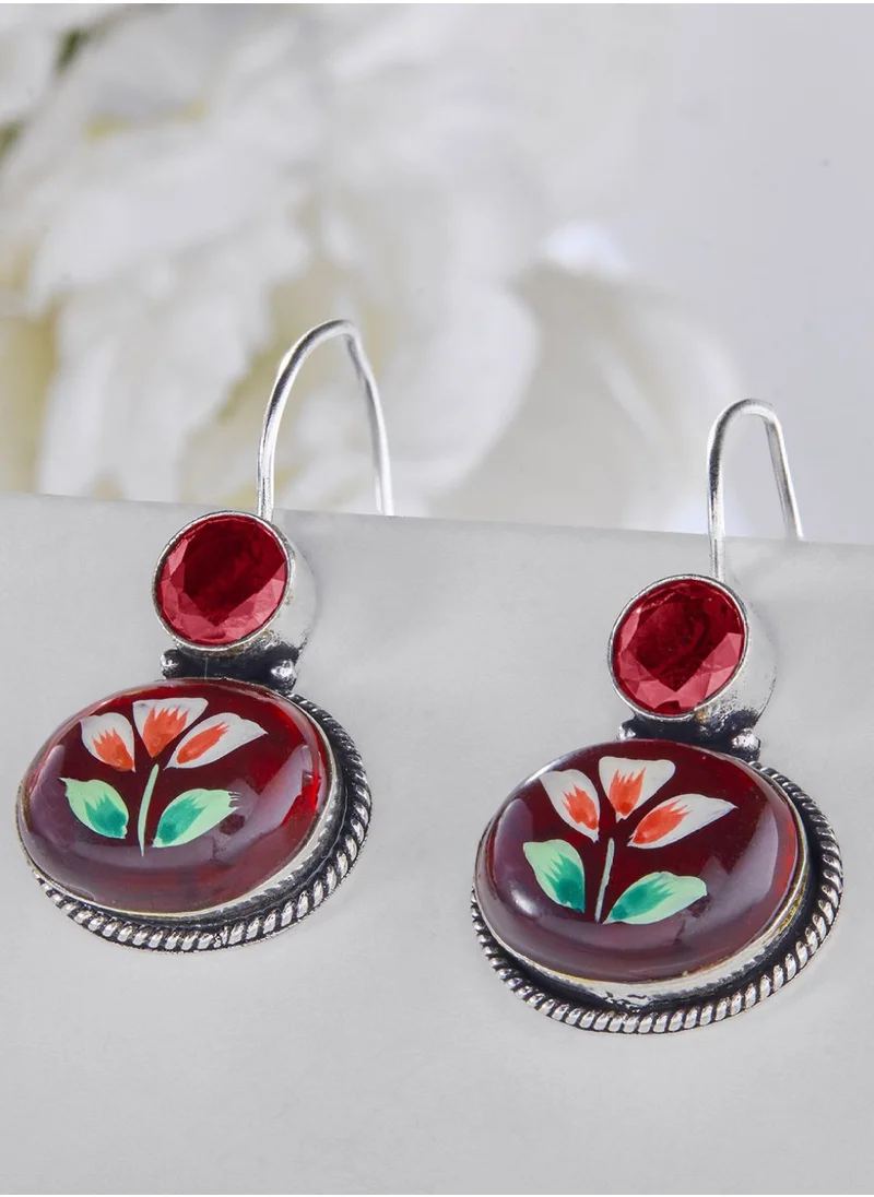 برياسي Plated Ruby Studded Floral Oxidised Drop Earrings