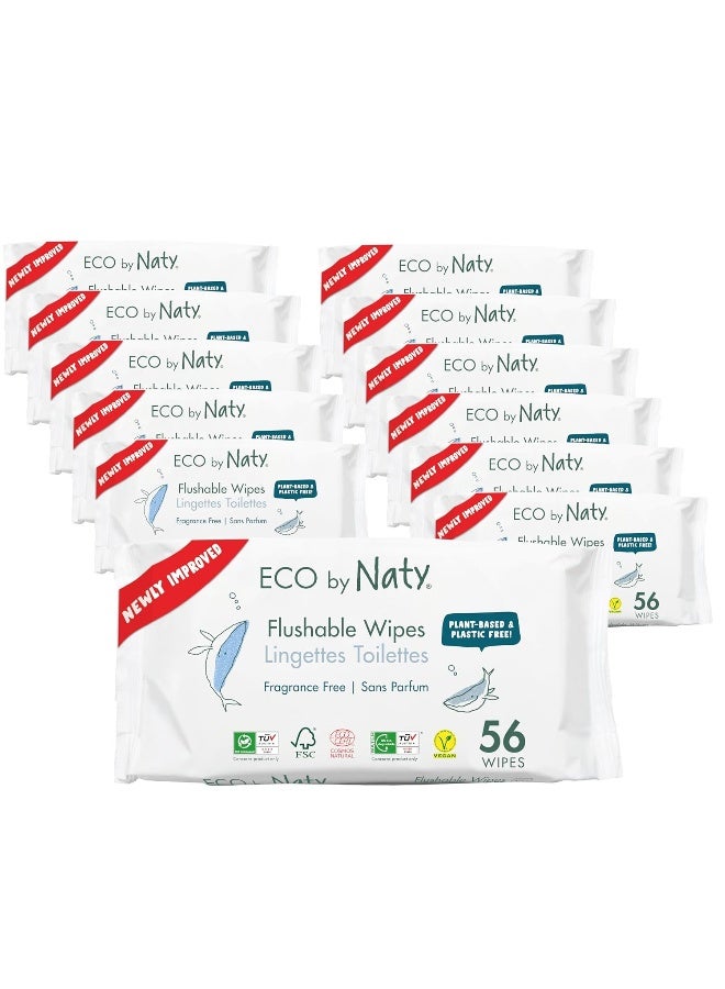 Eco by Naty Flushable Baby Wipes - Compostable and Plant-Based Wipes, Chemical-Free and Hypoallergenic Baby Wipes Safe for Baby Sensitive Skin, 56 Wipes Per Pack (12 Pk) - Image 1