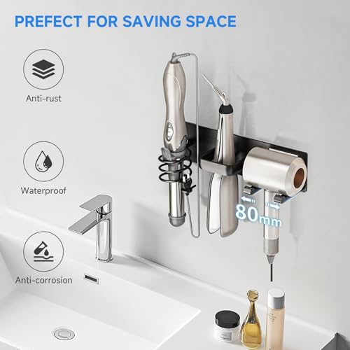 HOHOWU Hair Dryer Holder Wall Mounted,Blow Dryer, Curling Iron, Straightener Holder 3 in 1 Bathroom Metal Hair Tool Organizer Rack-BLACK-2 - Image 3