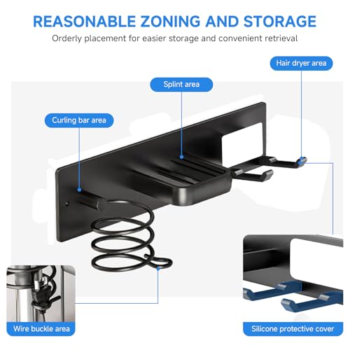 HOHOWU Hair Dryer Holder Wall Mounted,Blow Dryer, Curling Iron, Straightener Holder 3 in 1 Bathroom Metal Hair Tool Organizer Rack-BLACK-2 - Image 5