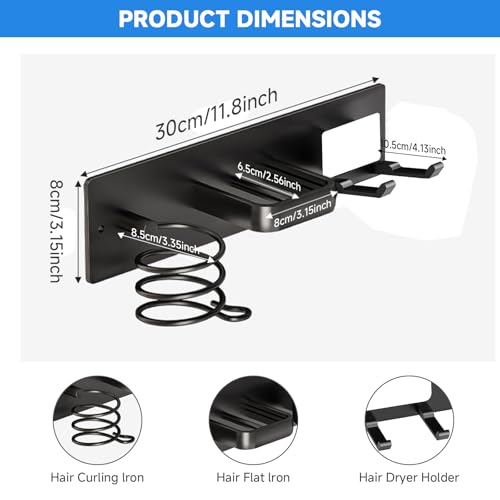 HOHOWU Hair Dryer Holder Wall Mounted,Blow Dryer, Curling Iron, Straightener Holder 3 in 1 Bathroom Metal Hair Tool Organizer Rack-BLACK-2 - Image 2
