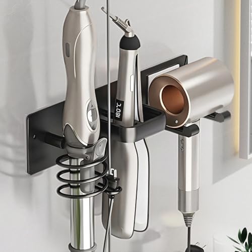 HOHOWU Hair Dryer Holder Wall Mounted,Blow Dryer, Curling Iron, Straightener Holder 3 in 1 Bathroom Metal Hair Tool Organizer Rack-BLACK-2 - Image 1