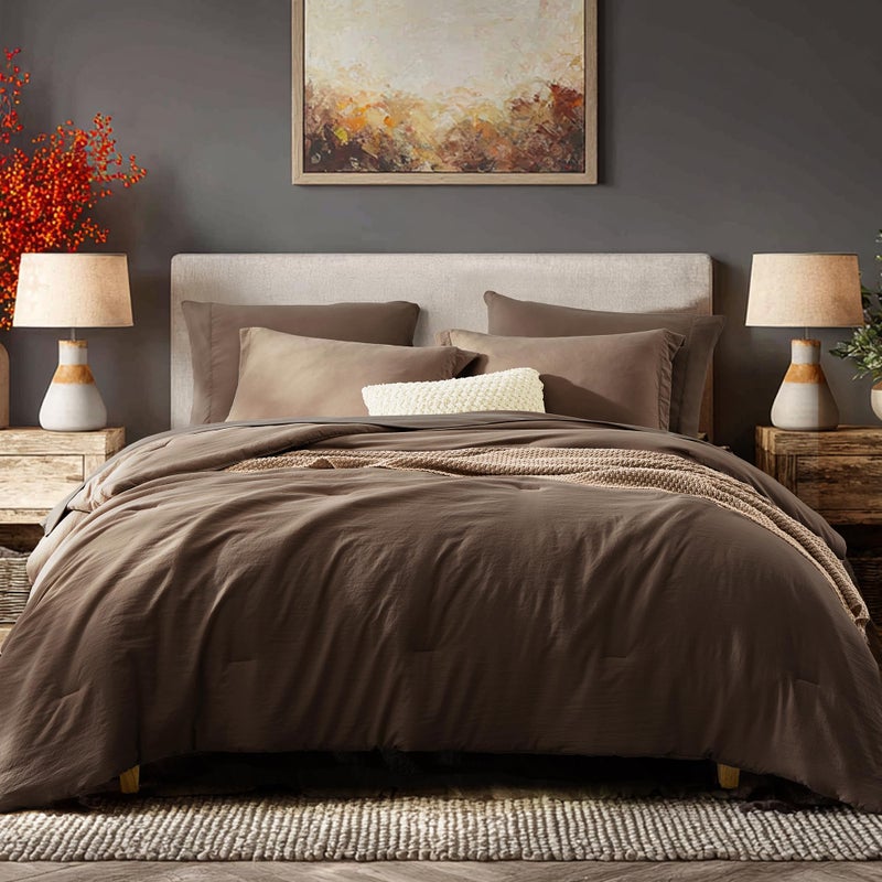 WRENSONGE Queen Comforter Set- 7 Pieces Soft Chocolate Brown Bed in a Bag with Fitted Sheet, Flat Sheet, 2 Pillow Shams, and 2 Pillowcases- Warm Bedding Sets Queen for All Season - Image 1