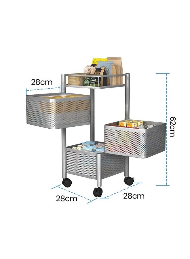 Kuber Industries Kuber Industries Set of 2 Kitchen Storage Rack | 3-Tier Square Storage Trolley with Wheels | Revolving Vegetable Rack | Metal Fruit Rack | Silver  - Image 4