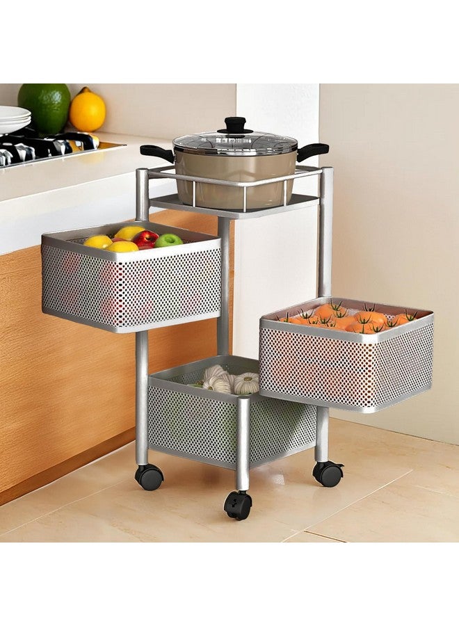 Kuber Industries Kuber Industries Set of 2 Kitchen Storage Rack | 3-Tier Square Storage Trolley with Wheels | Revolving Vegetable Rack | Metal Fruit Rack | Silver  - Image 2