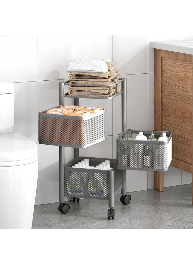 Kuber Industries Kuber Industries Set of 2 Kitchen Storage Rack | 3-Tier Square Storage Trolley with Wheels | Revolving Vegetable Rack | Metal Fruit Rack | Silver  - Image 3