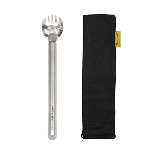 SILVERANT Titanium Ultralight Long Handle Spork, 9” Long Utensil With Polished Bowl, For Camping, Hiking & Backpacking, Extra Strong, Durable & Lightweight - With Drawstring Case - Image 1