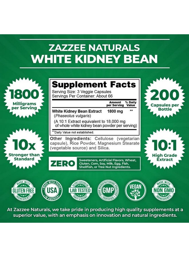 Zazzee White Kidney Bean 10:1 Extract, 1800 mg per Serving, 200 Vegan Capsules, Over 2 Month Supply, Standardized, Concentrated 10X Extract, 100% Vegetarian, All-Natural and Non-GMO, Made in The USA - Image 2