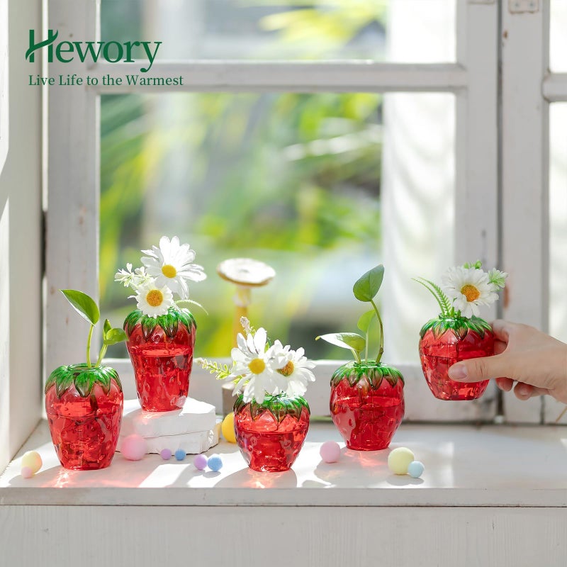 Hewory Glass Strawberry Propagation Vases for Plants: 5PCS Cute Strawberry Decor for Home Kitchen Bathroom Office - Unique Indoor Hydroponic Planters Gifts for Mom Women Mothers Day (Red) - Image 3
