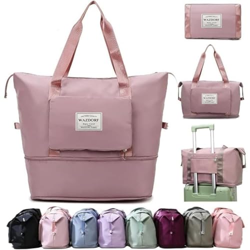 Wazdorf Nylon 41 Liter Expandable Travel Bags for Women, Duffle Bags for Women Luggage, Foldable Vanity Traveling Bag, Waterproof Hand Bag for Ladies Personal Items,Pink - Image 1