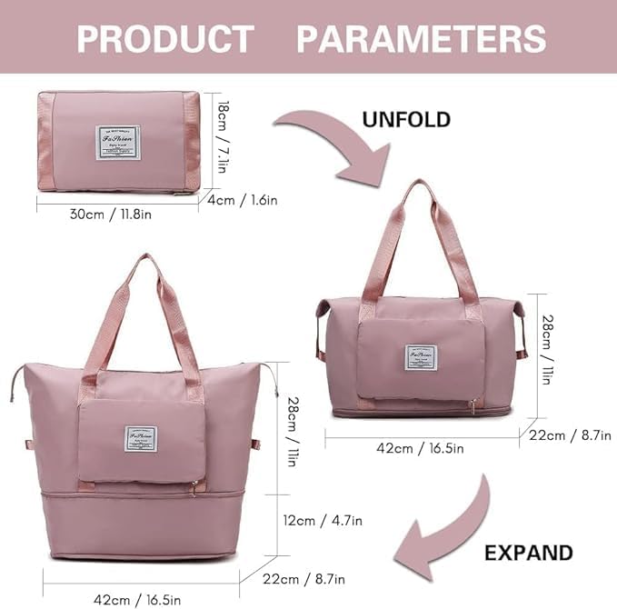 Wazdorf Nylon 41 Liter Expandable Travel Bags for Women, Duffle Bags for Women Luggage, Foldable Vanity Traveling Bag, Waterproof Hand Bag for Ladies Personal Items,Pink - Image 3