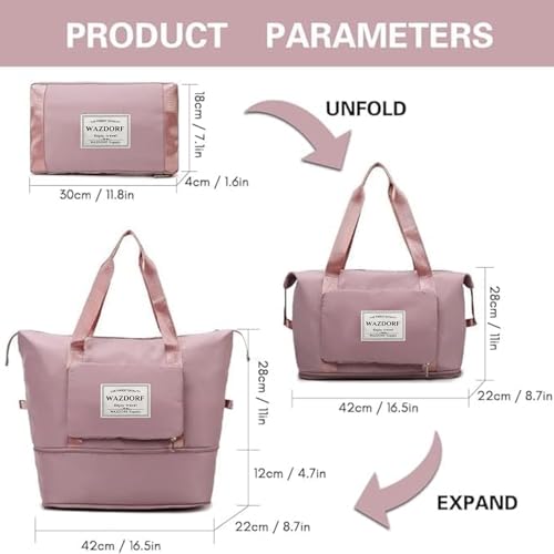 Wazdorf Nylon 41 Liter Expandable Travel Bags for Women, Duffle Bags for Women Luggage, Foldable Vanity Traveling Bag, Waterproof Hand Bag for Ladies Personal Items,Pink - Image 2