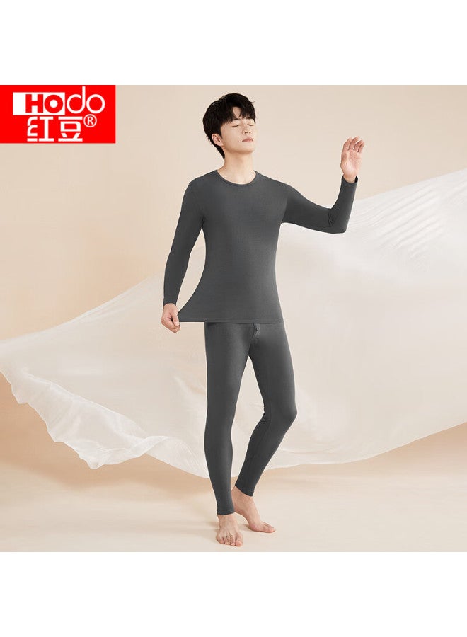 hongdou Hongdou Men's Autumn Underwear Set, Solid Color Cotton-spandex Round Neck Thin Thermal Underwear, Rock Gray, Size 185  - Image 3