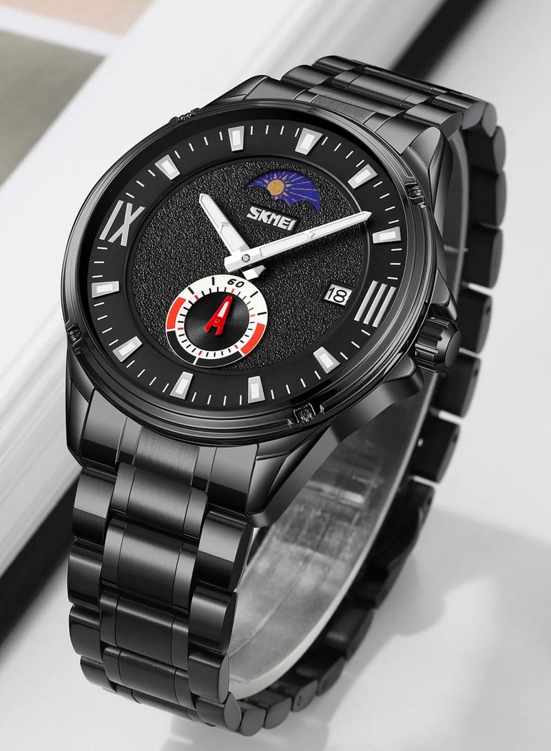 SKMEI ساعة يد رجالية كوارتز بحزام من الفولاذ المقاوم للصدأ الأسود بقرص أسود مضيء 9326 - Image 4