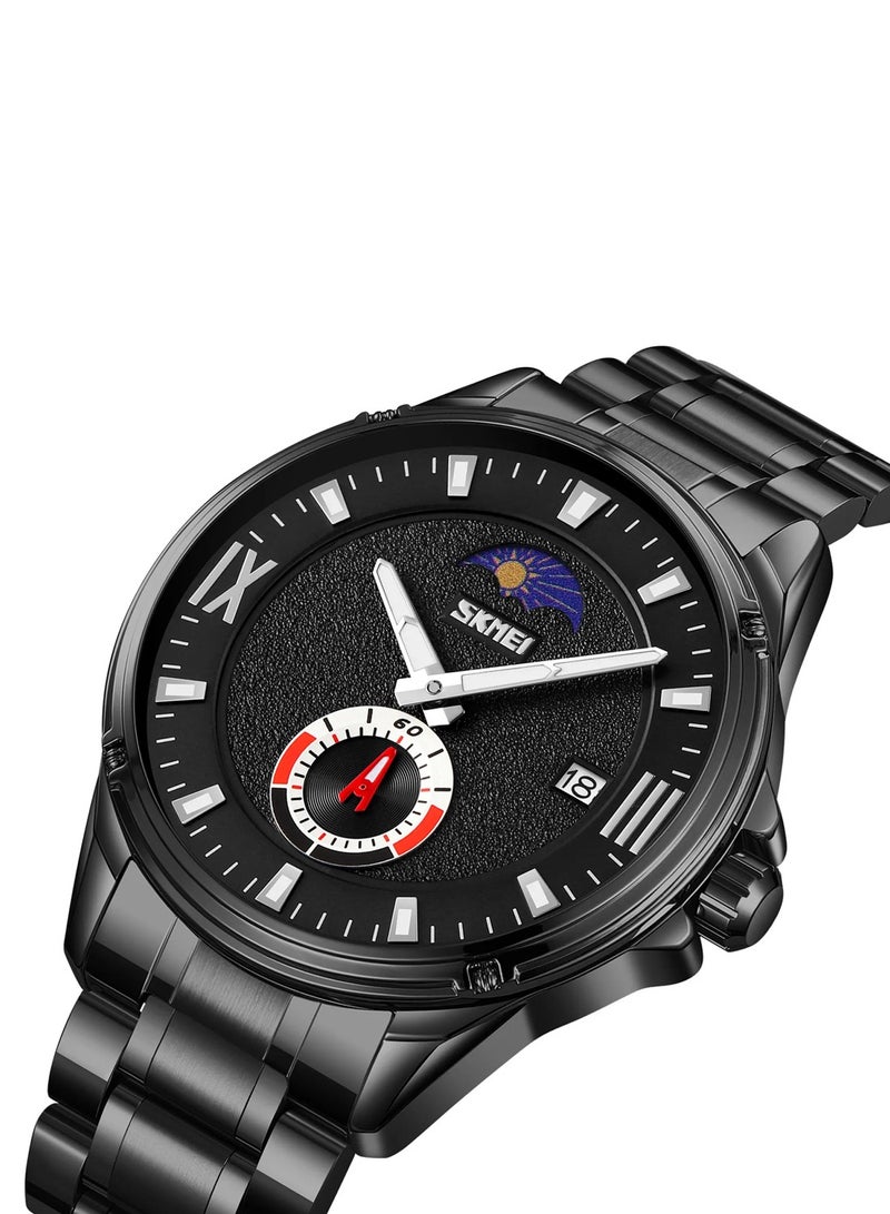 SKMEI ساعة يد رجالية كوارتز بحزام من الفولاذ المقاوم للصدأ الأسود بقرص أسود مضيء 9326 - Image 2