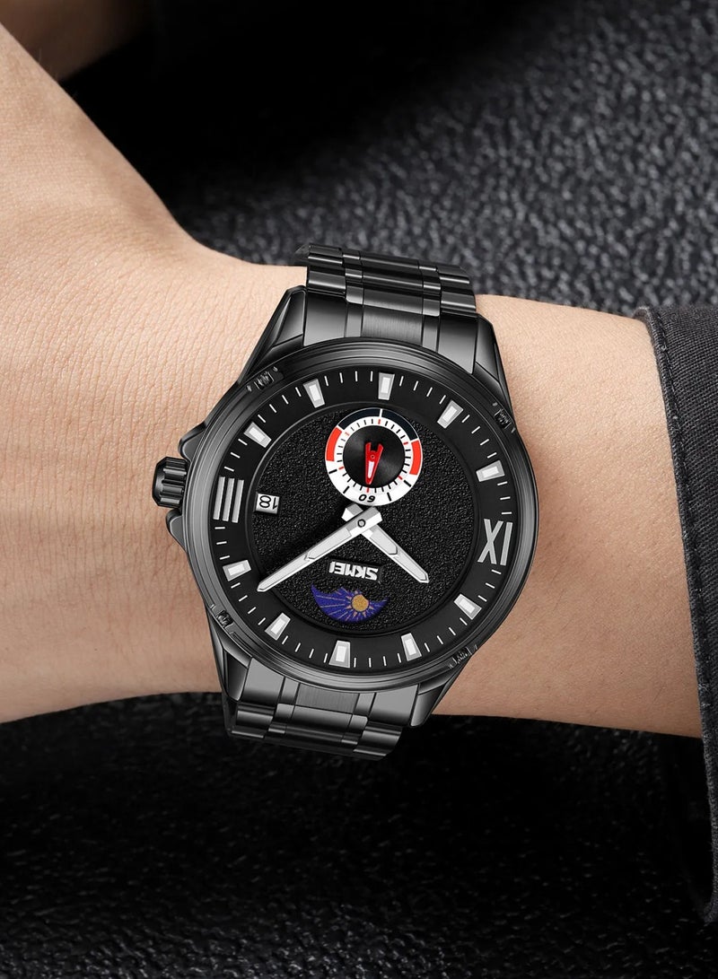 SKMEI ساعة يد رجالية كوارتز بحزام من الفولاذ المقاوم للصدأ الأسود بقرص أسود مضيء 9326 - Image 5