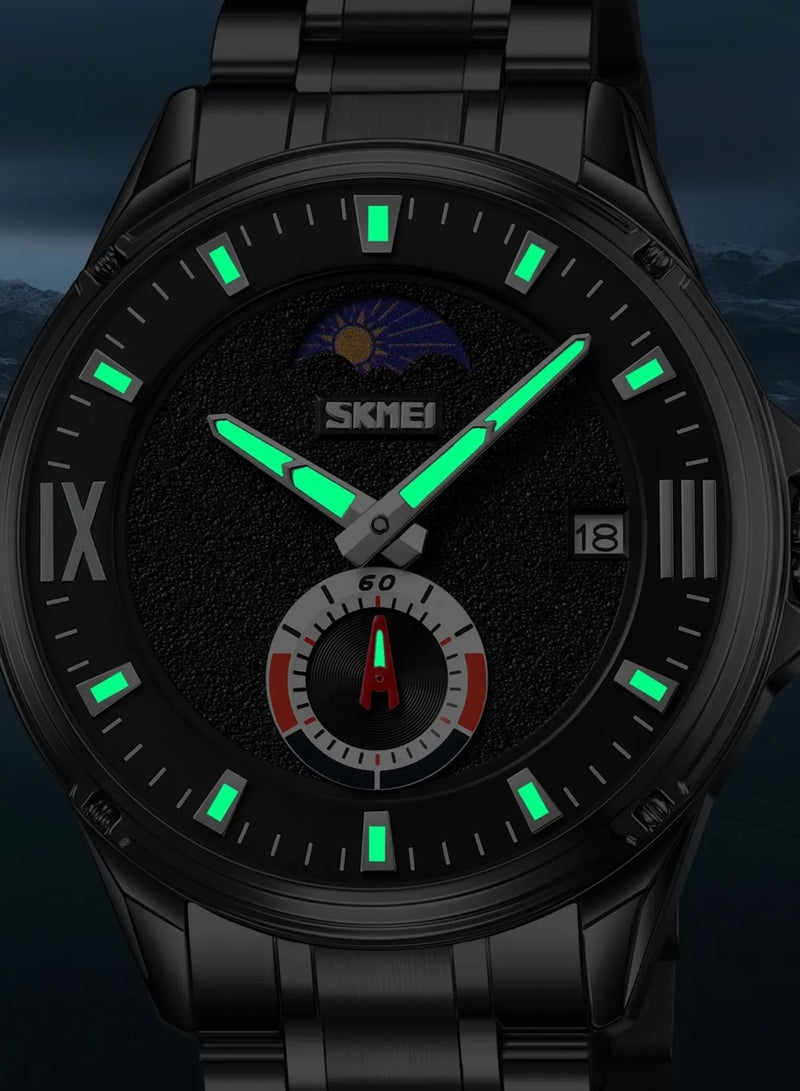 SKMEI ساعة يد رجالية كوارتز بحزام من الفولاذ المقاوم للصدأ الأسود بقرص أسود مضيء 9326 - Image 3