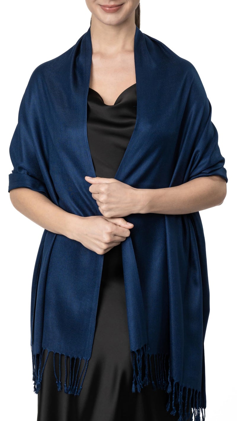 Achillea Soft Silky Pashmina Scarf for Women - Shawl Wrap for Evening Dresses, Bridesmaids, Weddings & Everyday Wear (Navy) - Image 1
