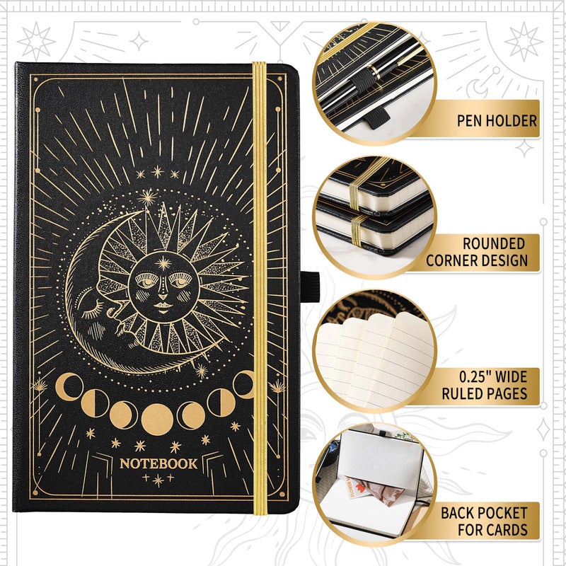 Artfan Ruled Notebook/Journal â€“ Premium Thick Paper Classic Writing Notebook with Pocket + Page Dividers Gifts, Banded, Large, 128 Pages, Hard Cover, Lined (5.3" x 8.26") - Sun and Moon - Image 3