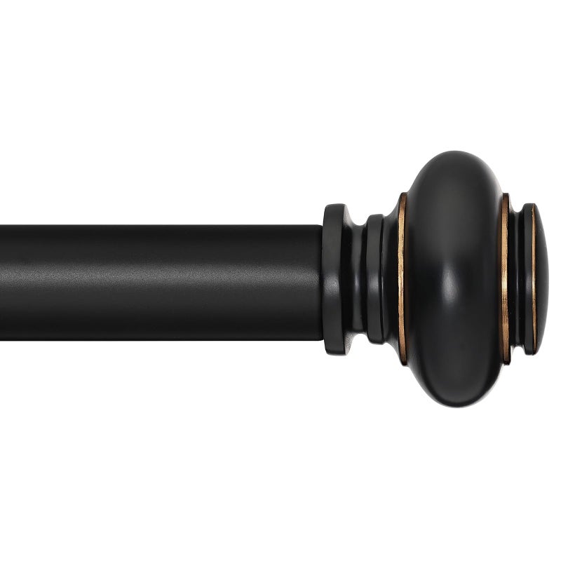 SIMEWIN Black Curtain Rods for Windows 72 to 144 Inches Adjustable Decorative 1 Inch Diameter Single Window Curtain Rod Set with Classic Finials Black with Gold Finishing