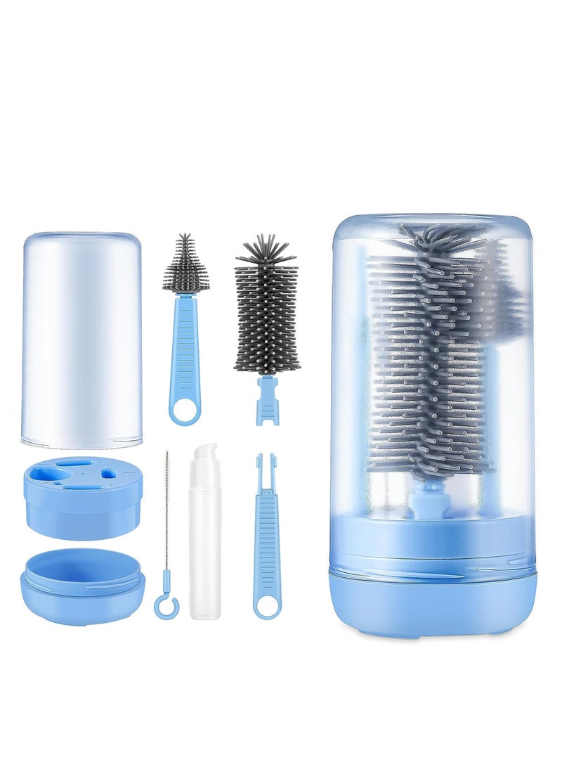 PYLCO SMART Portable Travel Baby Bottle Brush Set with Silicone Bottle Brush, Baby Milk Bottle Brush, Nipple Brush and Straw Brush, Nipple Cleaner Brush, Bottle Warmer Bowl for Baby Bottle Cleaning Set - Blue - Image 1