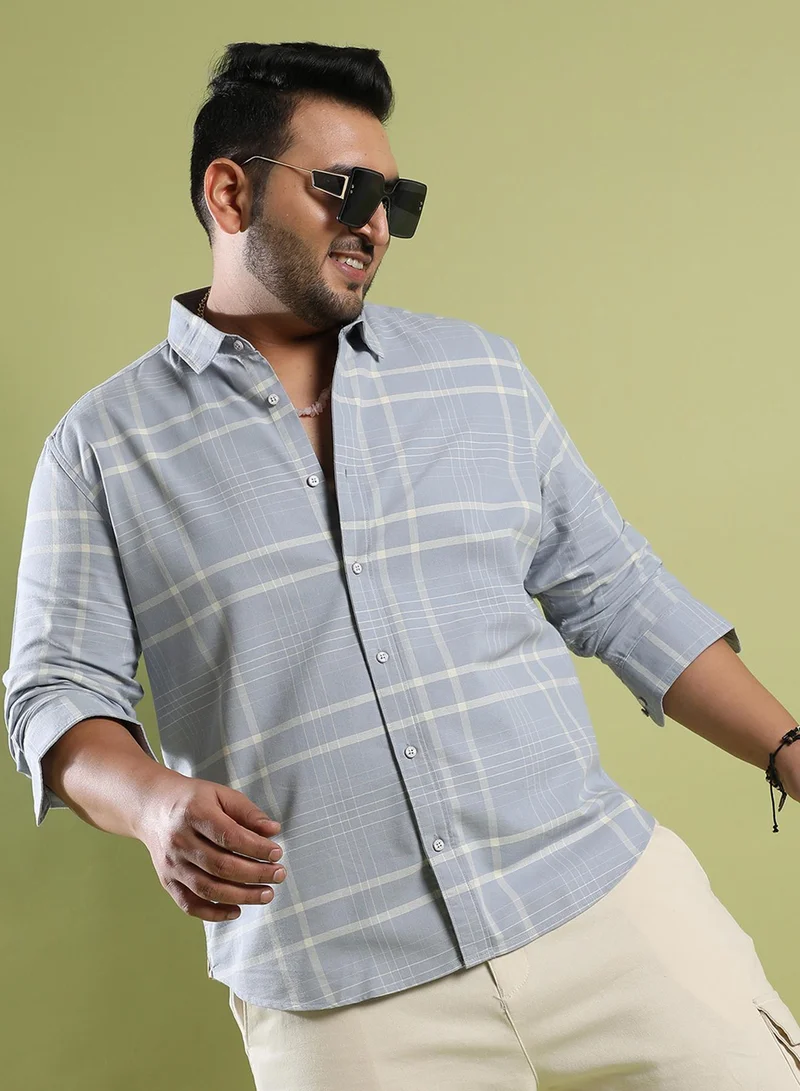 انستافاب بلس قميص رجالي كاروهات رمادي فاتح قطن مريح