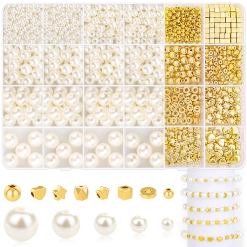 1290 Pieces Pearl Beads and Gold Spacer Beads for Bracelets Making Assorted Gold Bead Pearls for Bracelet Jewelry Making Kit