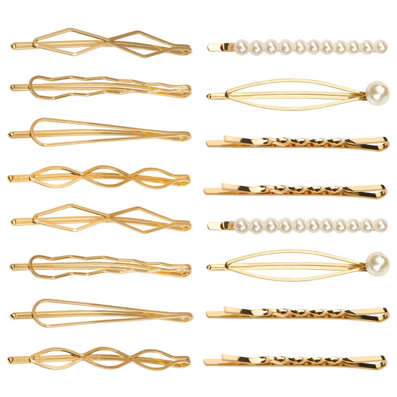 SUMAJU 16 Pieces Geometric Metal Hair Pins, Pearls Hair Clips Elegant Hair Barrettes Bridal Gold Metal Bobby Pins Dainty Embellished Bobby Pins for Woman and Girls - Image 1