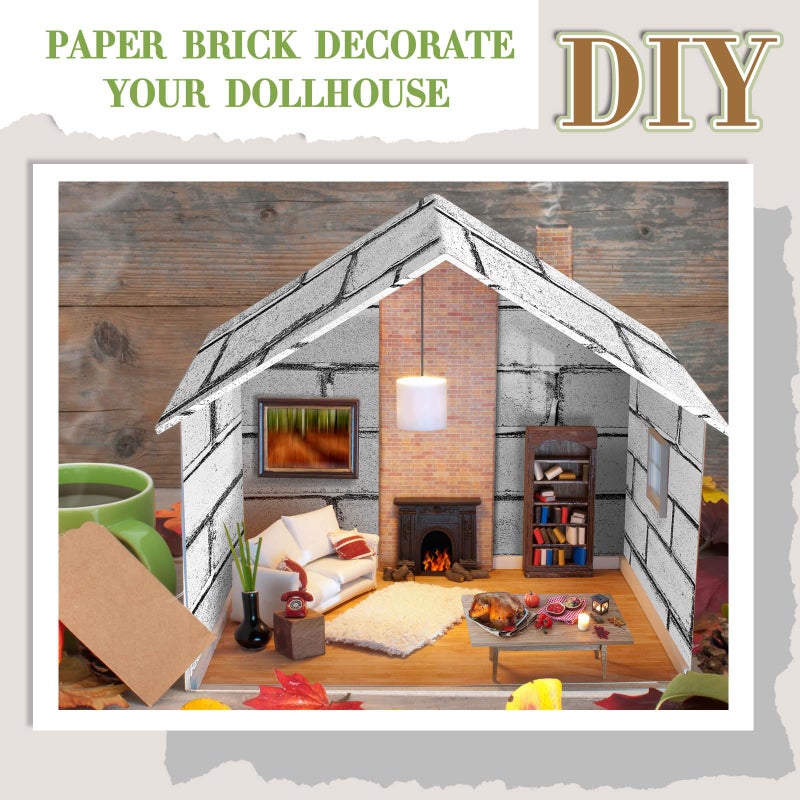 Flutesan 12 Pcs Miniature Dollhouse Wallpaper and Flooring Peel and Stick Mini DIY Self Adhesive Dollhouse Accessories 8.27 x 11.69 Inch (Retro White) - Image 3