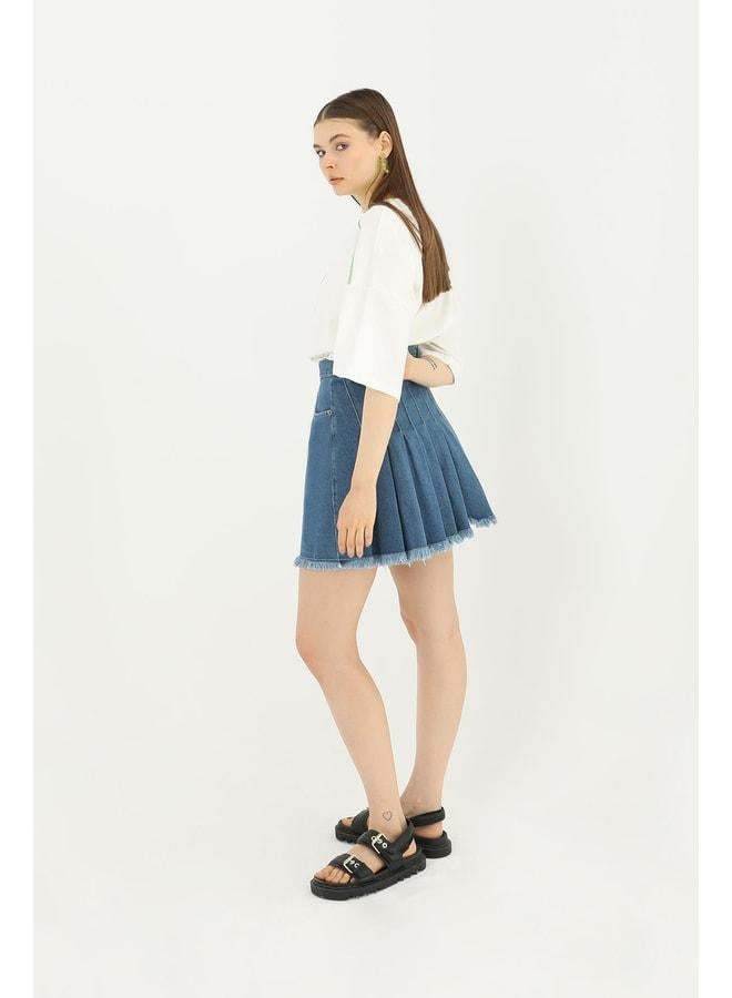 Soul Women's Side-Pleated Detailed Denim Skirt - 31655ETK - BLUE - Image 3
