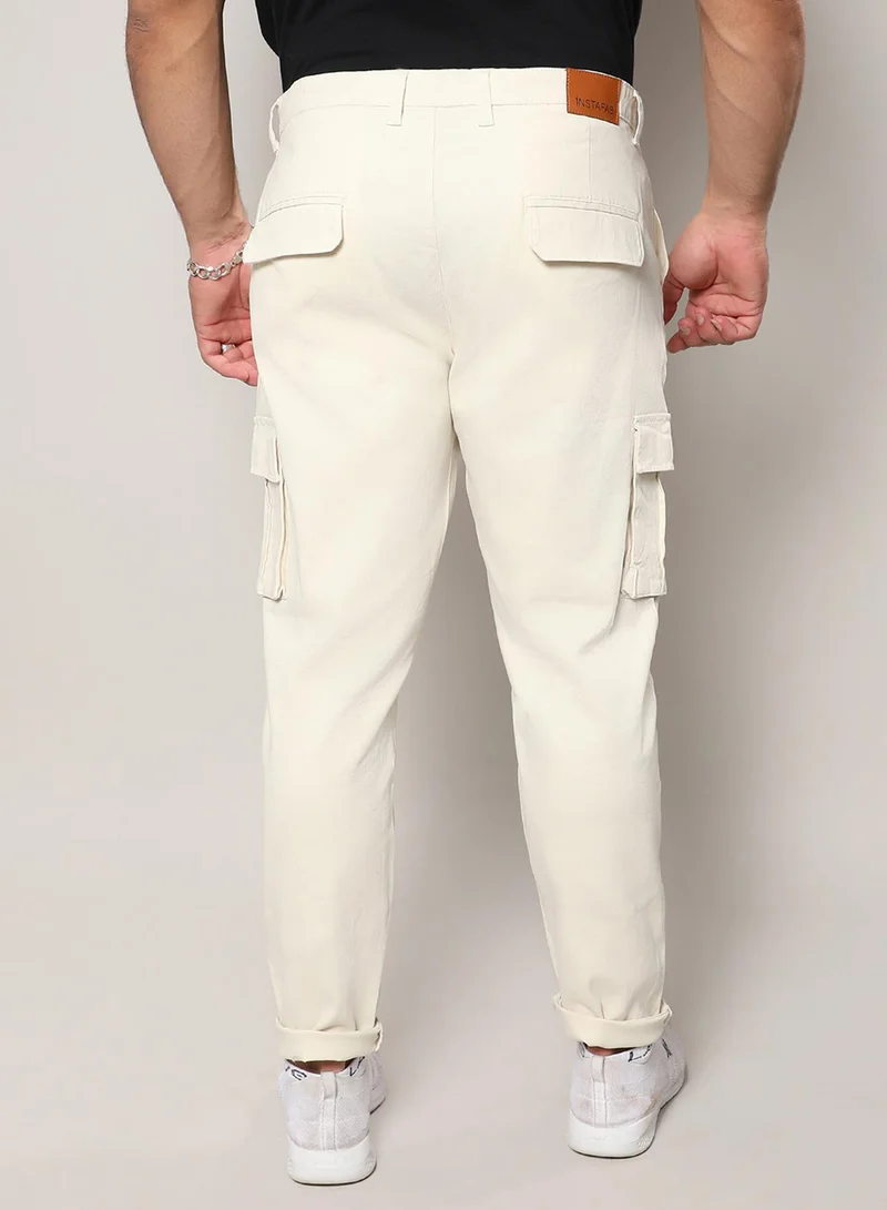 Instafab Plus Instafab Plus Men's Pale Yellow Cargo Trousers For Casual Wear | 6 Pockets | Plus-Size Fit | Button Closure | Cotton Poly Cargo Pant Crafted With Comfort Fit For Everyday Wear