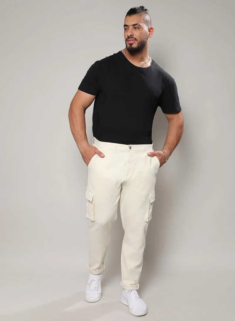 Instafab Plus Instafab Plus Men's Pale Yellow Cargo Trousers For Casual Wear | 6 Pockets | Plus-Size Fit | Button Closure | Cotton Poly Cargo Pant Crafted With Comfort Fit For Everyday Wear