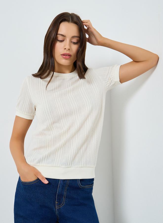 Styli White Textured Knit Short Sleeve T-Shirt - Image 1
